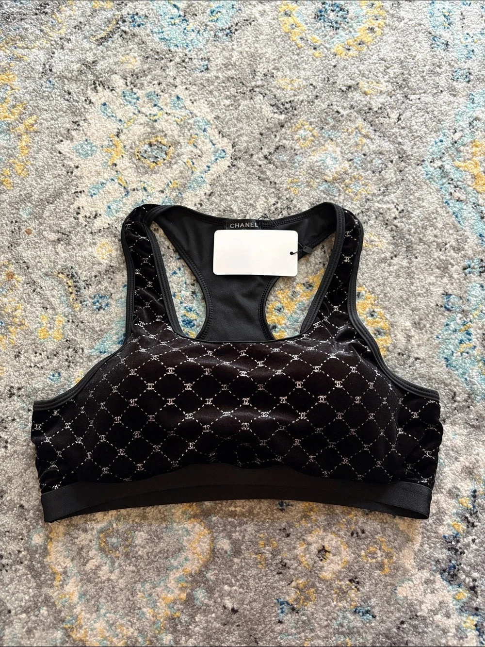 CHANEL Black Quilted Logo Racerback Sports Bra
